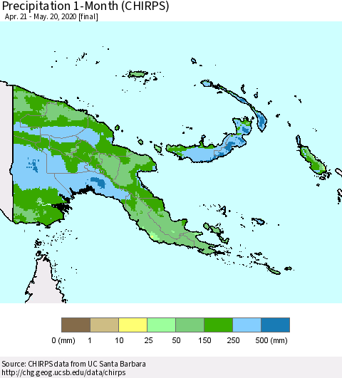 Papua New Guinea Precipitation 1-Month (CHIRPS) Thematic Map For 4/21/2020 - 5/20/2020