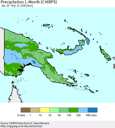 Papua New Guinea Precipitation 1-Month (CHIRPS) Thematic Map For 4/26/2020 - 5/25/2020