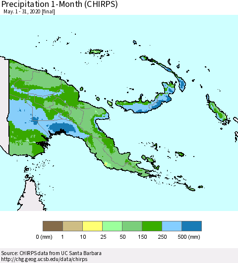 Papua New Guinea Precipitation 1-Month (CHIRPS) Thematic Map For 5/1/2020 - 5/31/2020