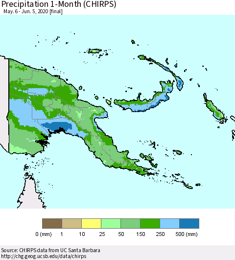 Papua New Guinea Precipitation 1-Month (CHIRPS) Thematic Map For 5/6/2020 - 6/5/2020