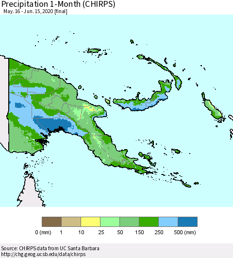 Papua New Guinea Precipitation 1-Month (CHIRPS) Thematic Map For 5/16/2020 - 6/15/2020