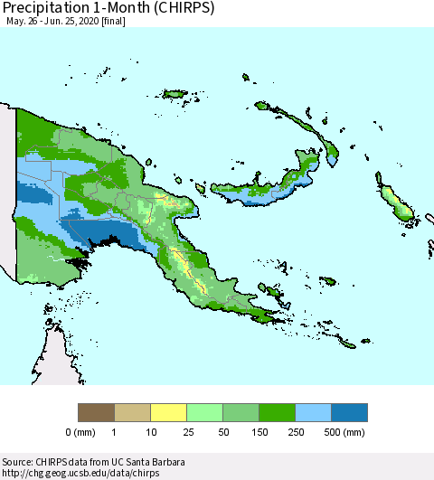 Papua New Guinea Precipitation 1-Month (CHIRPS) Thematic Map For 5/26/2020 - 6/25/2020