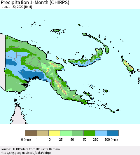 Papua New Guinea Precipitation 1-Month (CHIRPS) Thematic Map For 6/1/2020 - 6/30/2020