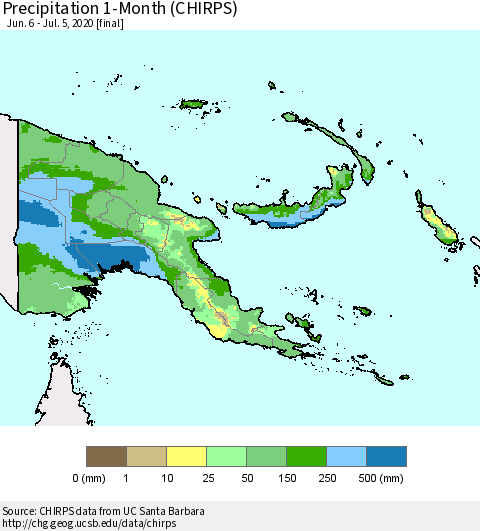 Papua New Guinea Precipitation 1-Month (CHIRPS) Thematic Map For 6/6/2020 - 7/5/2020