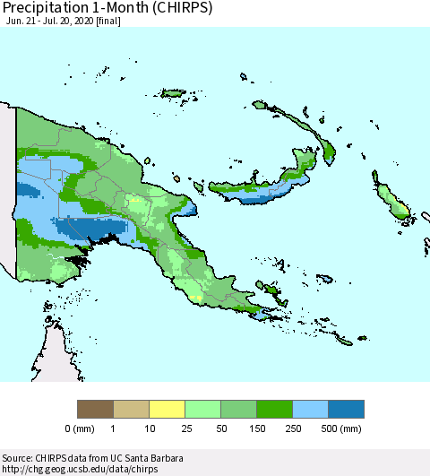 Papua New Guinea Precipitation 1-Month (CHIRPS) Thematic Map For 6/21/2020 - 7/20/2020