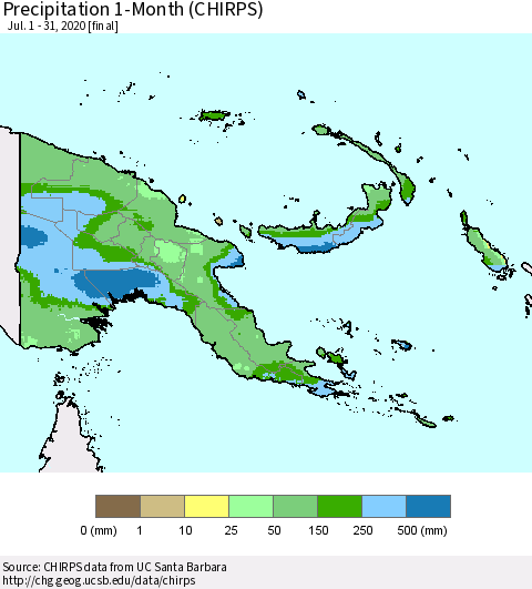 Papua New Guinea Precipitation 1-Month (CHIRPS) Thematic Map For 7/1/2020 - 7/31/2020