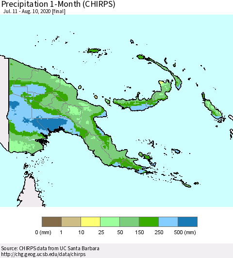Papua New Guinea Precipitation 1-Month (CHIRPS) Thematic Map For 7/11/2020 - 8/10/2020