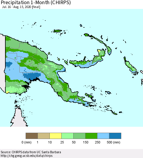 Papua New Guinea Precipitation 1-Month (CHIRPS) Thematic Map For 7/16/2020 - 8/15/2020