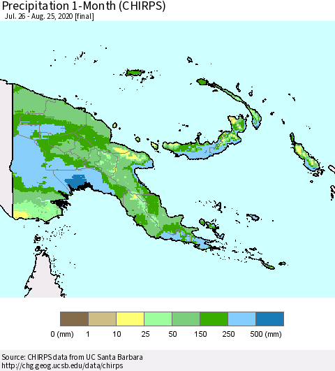 Papua New Guinea Precipitation 1-Month (CHIRPS) Thematic Map For 7/26/2020 - 8/25/2020