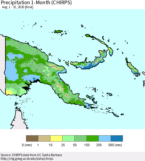 Papua New Guinea Precipitation 1-Month (CHIRPS) Thematic Map For 8/1/2020 - 8/31/2020