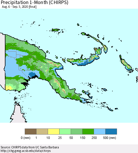 Papua New Guinea Precipitation 1-Month (CHIRPS) Thematic Map For 8/6/2020 - 9/5/2020