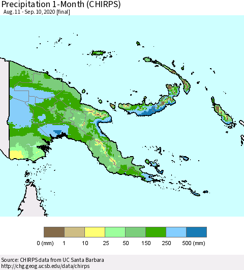 Papua New Guinea Precipitation 1-Month (CHIRPS) Thematic Map For 8/11/2020 - 9/10/2020