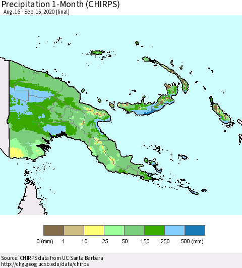 Papua New Guinea Precipitation 1-Month (CHIRPS) Thematic Map For 8/16/2020 - 9/15/2020