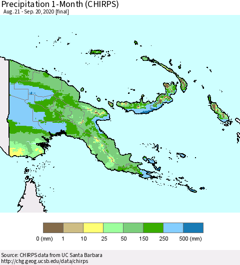 Papua New Guinea Precipitation 1-Month (CHIRPS) Thematic Map For 8/21/2020 - 9/20/2020