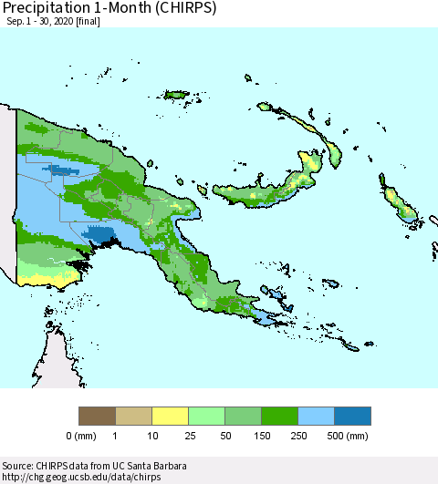 Papua New Guinea Precipitation 1-Month (CHIRPS) Thematic Map For 9/1/2020 - 9/30/2020