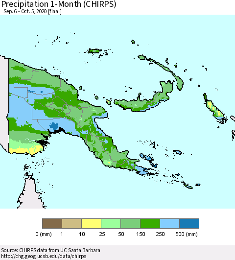 Papua New Guinea Precipitation 1-Month (CHIRPS) Thematic Map For 9/6/2020 - 10/5/2020