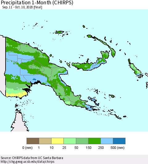 Papua New Guinea Precipitation 1-Month (CHIRPS) Thematic Map For 9/11/2020 - 10/10/2020