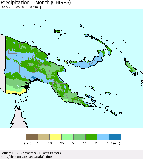 Papua New Guinea Precipitation 1-Month (CHIRPS) Thematic Map For 9/21/2020 - 10/20/2020