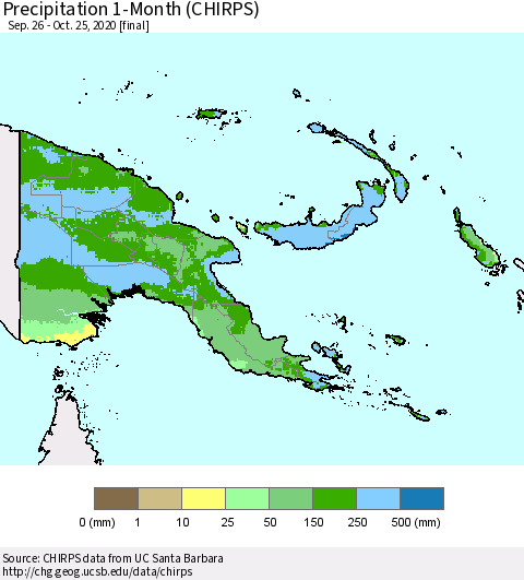 Papua New Guinea Precipitation 1-Month (CHIRPS) Thematic Map For 9/26/2020 - 10/25/2020