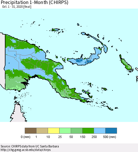 Papua New Guinea Precipitation 1-Month (CHIRPS) Thematic Map For 10/1/2020 - 10/31/2020