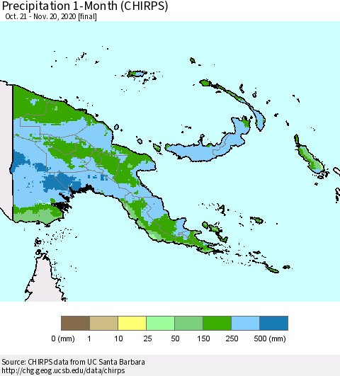 Papua New Guinea Precipitation 1-Month (CHIRPS) Thematic Map For 10/21/2020 - 11/20/2020