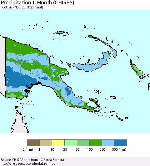 Papua New Guinea Precipitation 1-Month (CHIRPS) Thematic Map For 10/26/2020 - 11/25/2020