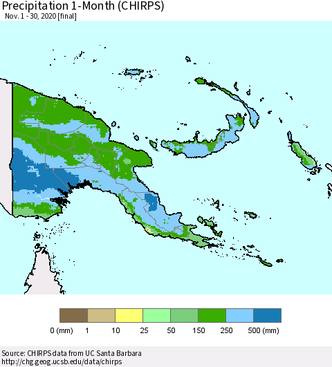 Papua New Guinea Precipitation 1-Month (CHIRPS) Thematic Map For 11/1/2020 - 11/30/2020