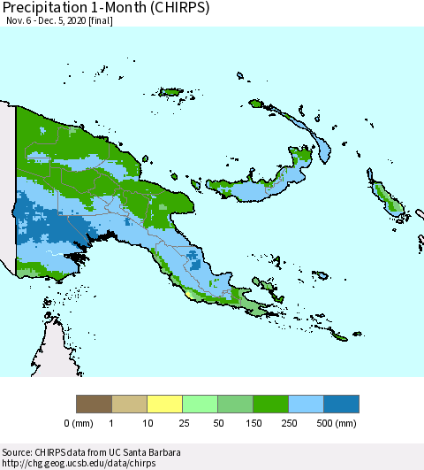 Papua New Guinea Precipitation 1-Month (CHIRPS) Thematic Map For 11/6/2020 - 12/5/2020