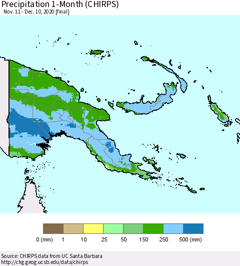 Papua New Guinea Precipitation 1-Month (CHIRPS) Thematic Map For 11/11/2020 - 12/10/2020