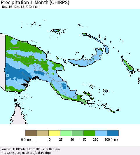 Papua New Guinea Precipitation 1-Month (CHIRPS) Thematic Map For 11/16/2020 - 12/15/2020