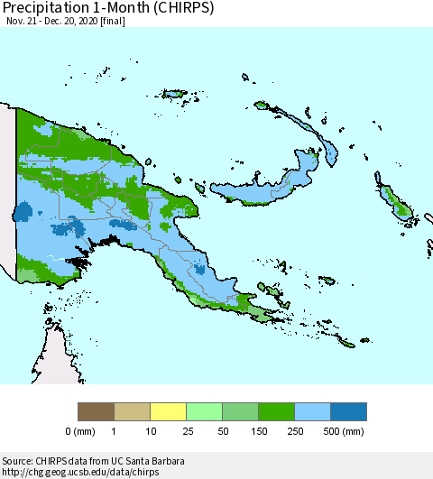 Papua New Guinea Precipitation 1-Month (CHIRPS) Thematic Map For 11/21/2020 - 12/20/2020