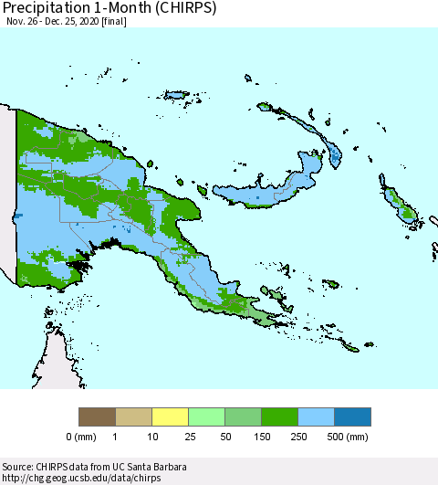 Papua New Guinea Precipitation 1-Month (CHIRPS) Thematic Map For 11/26/2020 - 12/25/2020