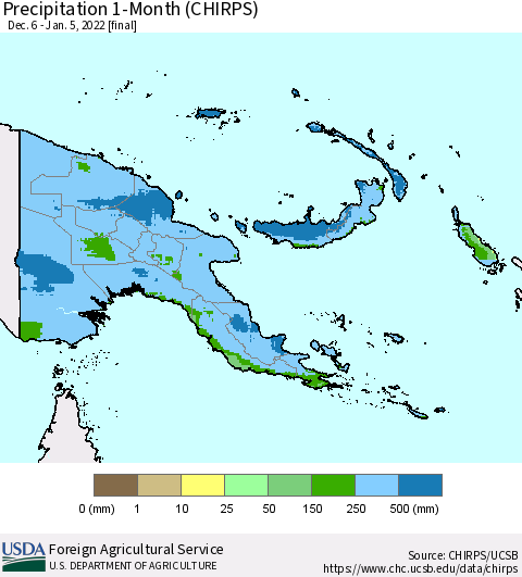 Papua New Guinea Precipitation 1-Month (CHIRPS) Thematic Map For 12/6/2021 - 1/5/2022