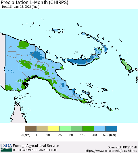 Papua New Guinea Precipitation 1-Month (CHIRPS) Thematic Map For 12/16/2021 - 1/15/2022