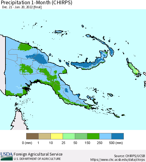 Papua New Guinea Precipitation 1-Month (CHIRPS) Thematic Map For 12/21/2021 - 1/20/2022