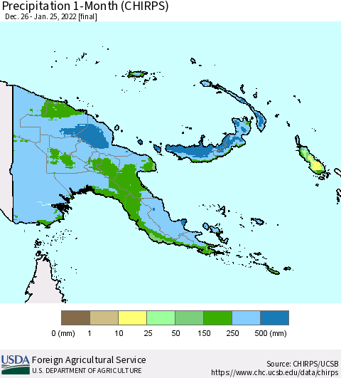 Papua New Guinea Precipitation 1-Month (CHIRPS) Thematic Map For 12/26/2021 - 1/25/2022