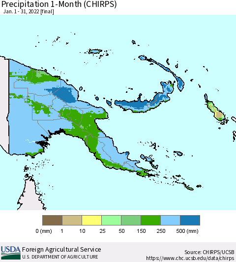 Papua New Guinea Precipitation 1-Month (CHIRPS) Thematic Map For 1/1/2022 - 1/31/2022