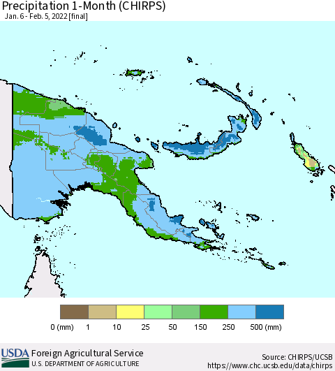 Papua New Guinea Precipitation 1-Month (CHIRPS) Thematic Map For 1/6/2022 - 2/5/2022