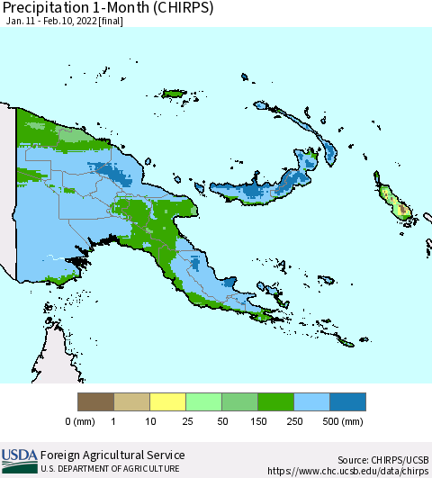 Papua New Guinea Precipitation 1-Month (CHIRPS) Thematic Map For 1/11/2022 - 2/10/2022
