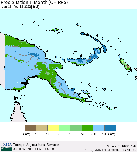 Papua New Guinea Precipitation 1-Month (CHIRPS) Thematic Map For 1/16/2022 - 2/15/2022