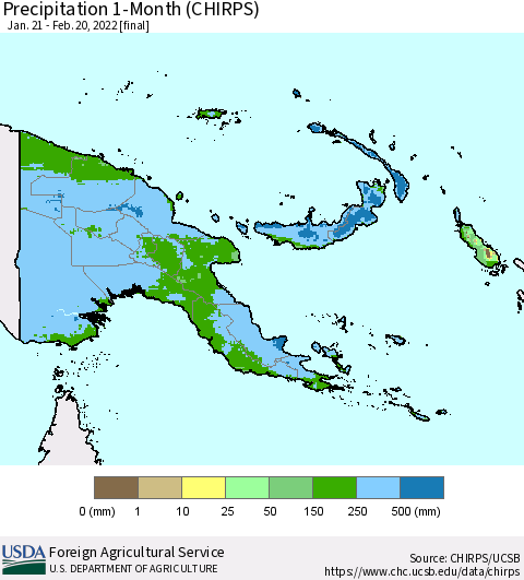 Papua New Guinea Precipitation 1-Month (CHIRPS) Thematic Map For 1/21/2022 - 2/20/2022
