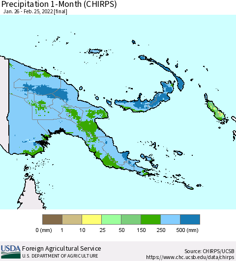Papua New Guinea Precipitation 1-Month (CHIRPS) Thematic Map For 1/26/2022 - 2/25/2022