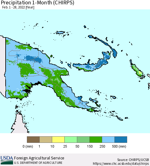 Papua New Guinea Precipitation 1-Month (CHIRPS) Thematic Map For 2/1/2022 - 2/28/2022