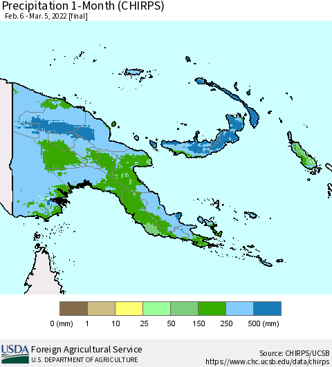 Papua New Guinea Precipitation 1-Month (CHIRPS) Thematic Map For 2/6/2022 - 3/5/2022