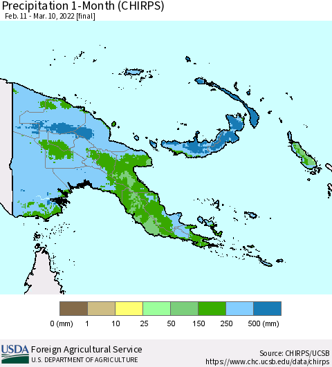 Papua New Guinea Precipitation 1-Month (CHIRPS) Thematic Map For 2/11/2022 - 3/10/2022