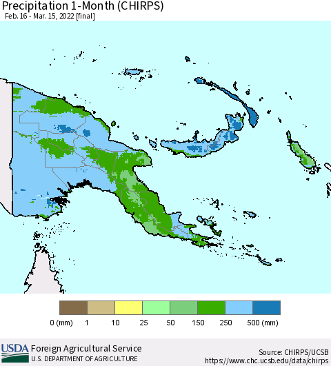 Papua New Guinea Precipitation 1-Month (CHIRPS) Thematic Map For 2/16/2022 - 3/15/2022