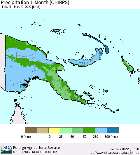 Papua New Guinea Precipitation 1-Month (CHIRPS) Thematic Map For 2/21/2022 - 3/20/2022
