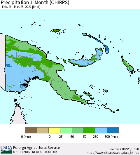 Papua New Guinea Precipitation 1-Month (CHIRPS) Thematic Map For 2/26/2022 - 3/25/2022