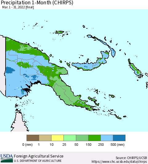 Papua New Guinea Precipitation 1-Month (CHIRPS) Thematic Map For 3/1/2022 - 3/31/2022