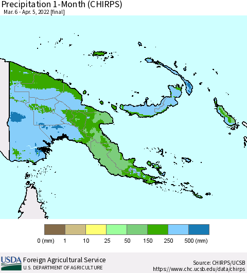 Papua New Guinea Precipitation 1-Month (CHIRPS) Thematic Map For 3/6/2022 - 4/5/2022